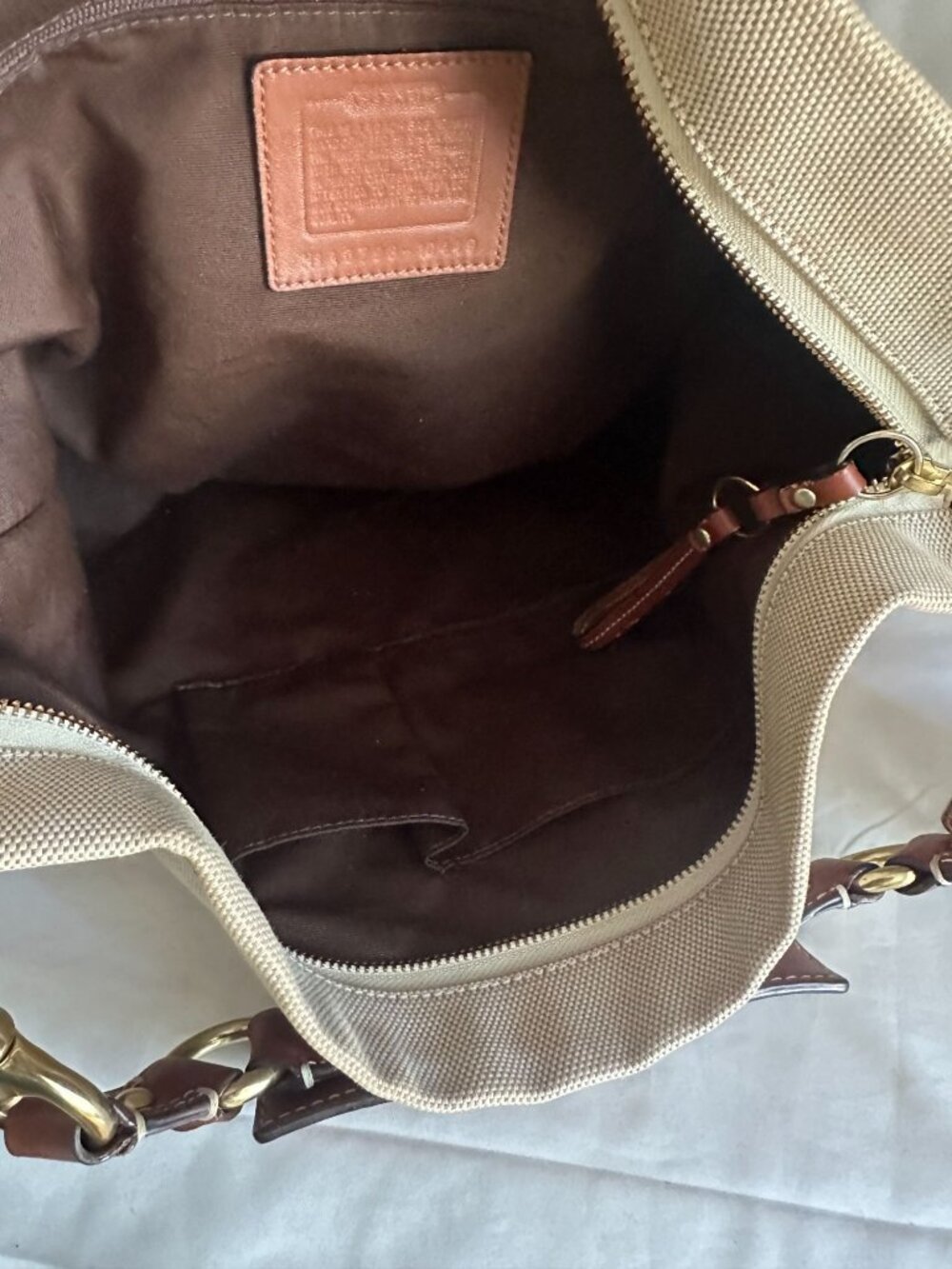 Coach CARLY canvas and leather large natural / brown leather trim shoulder hobo - Picture 9 of 12